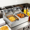 Commercial 6L+6L Double Tank Electric Deep Fryer with two tanks frying fries and snacks in a busy kitchen.