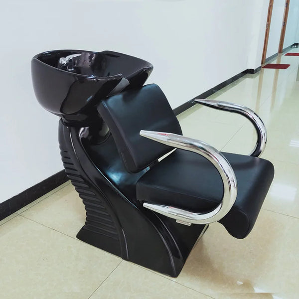 Reclining Salon Shampoo Chair with Ceramic Basin featuring sleek design and stainless steel accents