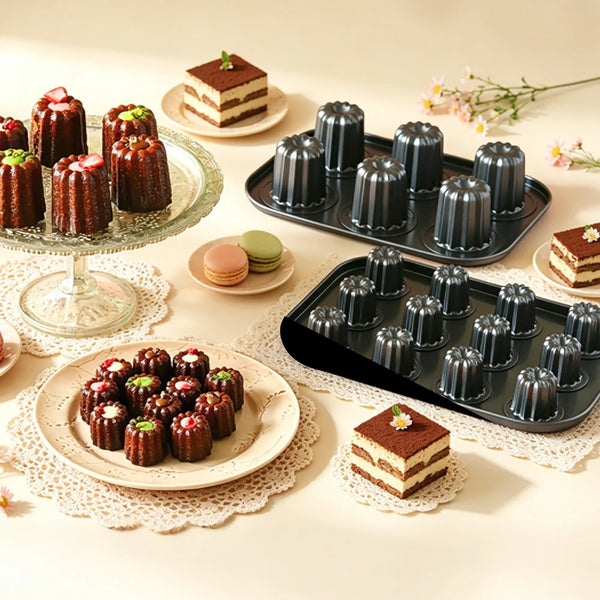 Delicious cannelés baked in a Carbon Steel 6-Cup Cannelé Baking Tray, showcased with pastries and desserts.