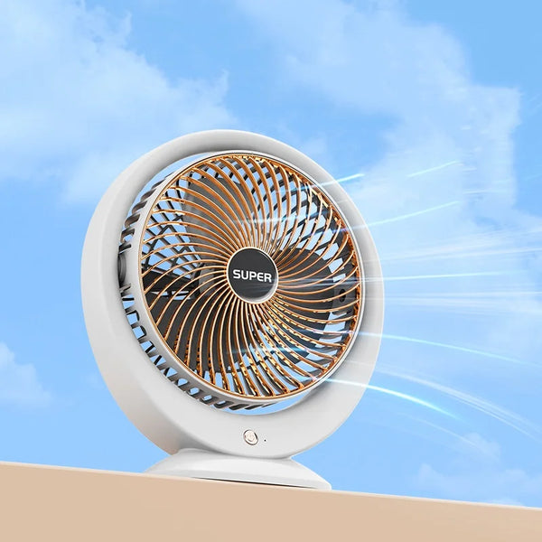 Rechargeable 180 Rotating Desktop USB Fan delivering cool airflow against a blue sky background.