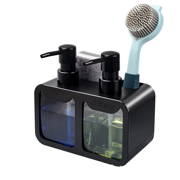 Waterproof Durable Portable Dispenser with dual soap pumps and cleaning brush for easy kitchen or bathroom use.