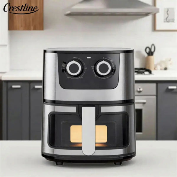 4.5L Stainless Steel Square Oil-Free Air Fryer with modern design and controls for healthy cooking.