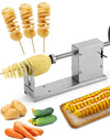 Stainless Steel Spiral Potato Slicer creating spiral snacks with potatoes and vegetables on a cutting board.