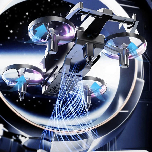 2-in-1 Remote Control Stunt Drone and Drift Car in flight showcasing its sleek design and advanced features.
