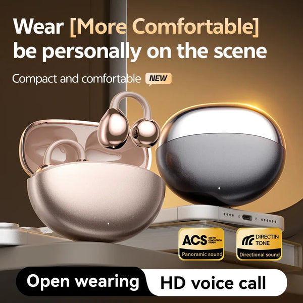 Bluetooth 5.4 Clip-On Earphones showcased in a compact and comfortable design for open wearing and HD voice calls.