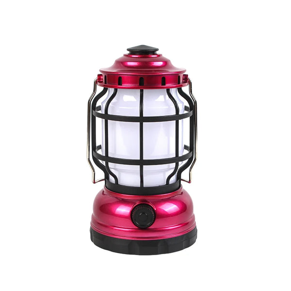 Rechargeable Waterproof Camping Lantern in red, designed for outdoor adventures and tough conditions.