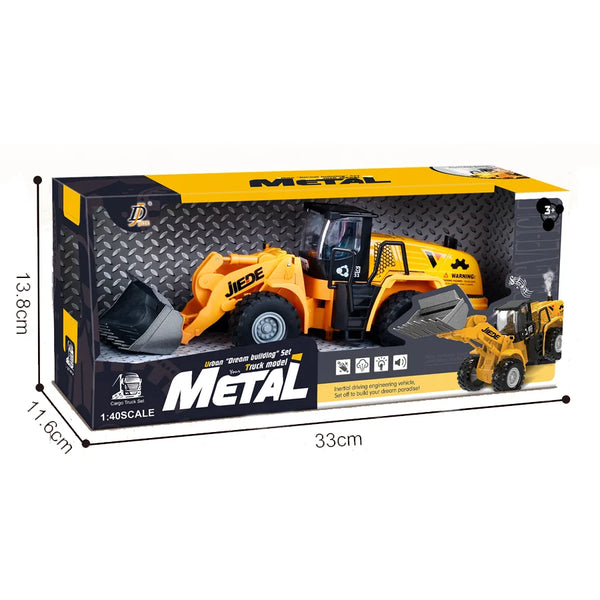 Alloy Construction Vehicles Friction Toy Set packaging featuring realistic construction vehicles in a colorful box.