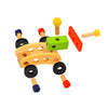 Colorful wooden construction pieces including screws and blocks for assembling and building with the Wooden Toolbox DIY Construction Tool Set.