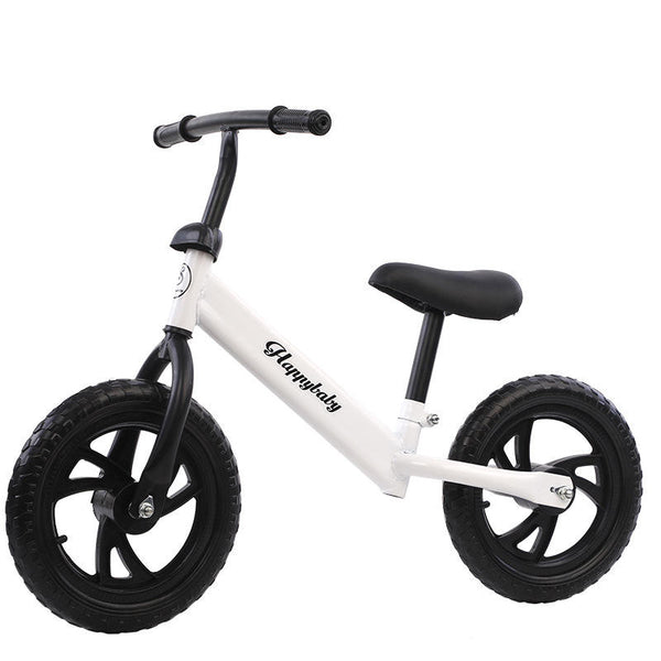 Childrens 12-Inch Balance Bike in white with black wheels and handlebars, ideal for young learners.