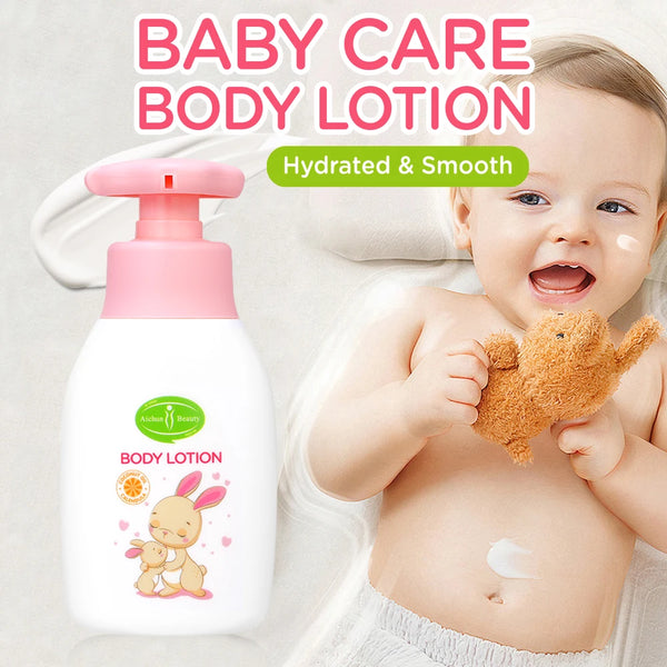 Natural Baby Moisturizing Body Lotion featured on a bottle with a happy baby, promoting hydration and softness.