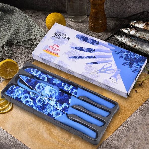 Kitchen Knife Set Color Heat Transfer Pattern Six-Piece Set displayed in a blue floral box on a wooden surface.