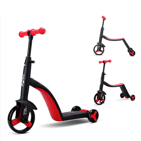 3-In-1 Height Adjustable Children's Kick Scooter in red and black, designed for toddlers and kids.