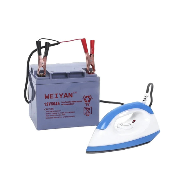 12V DC Solar Battery Electric Steam Iron with battery, designed for portable energy-efficient ironing.