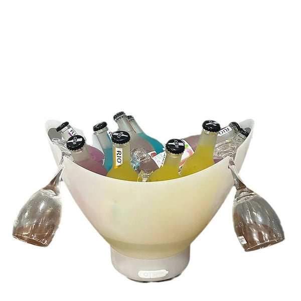 7L Bluetooth LED Ice Bucket with Subwoofer filled with colorful drinks and glasses
