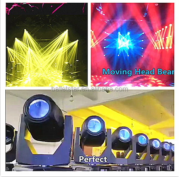 230W 7R Beam Moving Head Stage Light showcasing dynamic beams and lighting effects in a vibrant event setting.