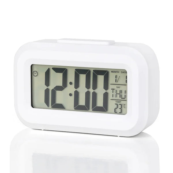 Smart Digital LCD Desk Clock with Temperature Display showing time and temperature in a sleek white design.