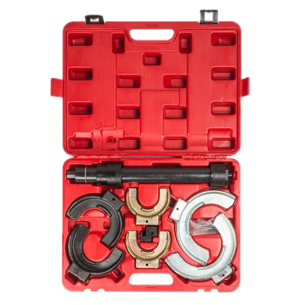 Universal McPherson Coil Spring Compressor Tool Set in a red carrying case with various components for suspension repairs.