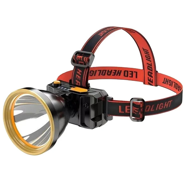 Super Bright LED Headlamp with Safety Warning Light designed for outdoor activities like camping and hiking.