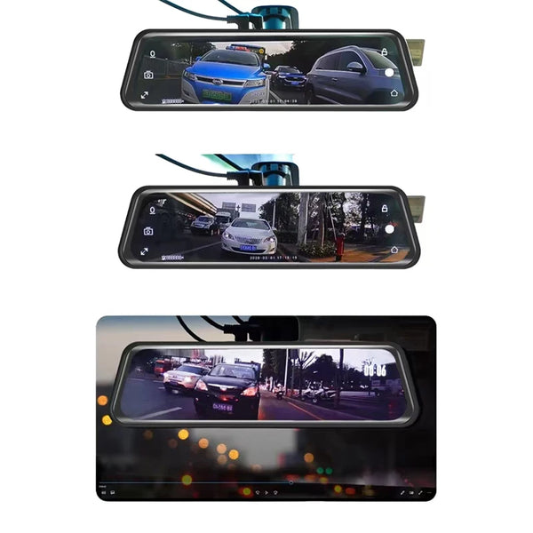 1080P Dual Lens Super Night Vision Dashcam displaying front and rear footage recordings for enhanced driving safety.