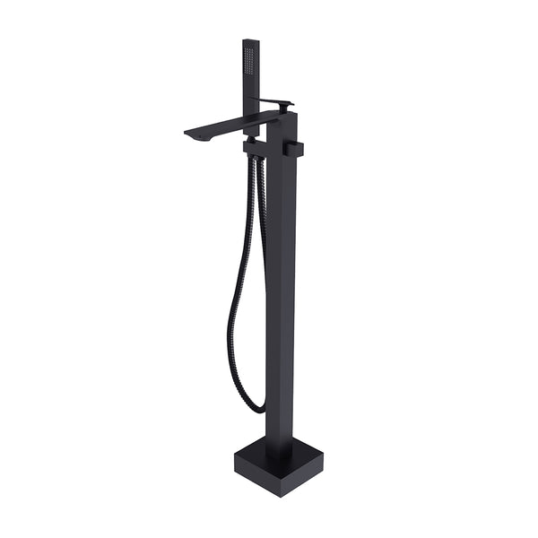 Freestanding Matte Black Square Bathtub Faucet with modern design and stylish floor-mounted installation.
