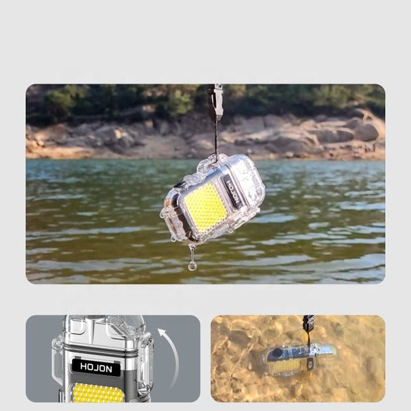 Mini Keychain LED Flashlight & Lighter hanging over water, showcasing its waterproof design and portable utility.