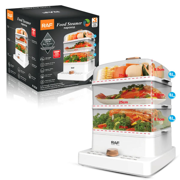 12L 3-Layer Electric Food Steamer with stacked vegetables and packaging, perfect for healthy cooking.