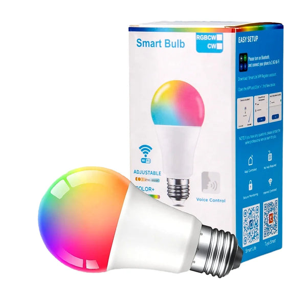 WIFI Smart LED Light Bulb A19 9W E26 110V-220V Voice Control with colorful glow and packaging.