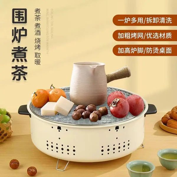 Portable Charcoal Grill & Outdoor Cooker with food and tea set, ideal for camping, picnics, and outdoor cooking.