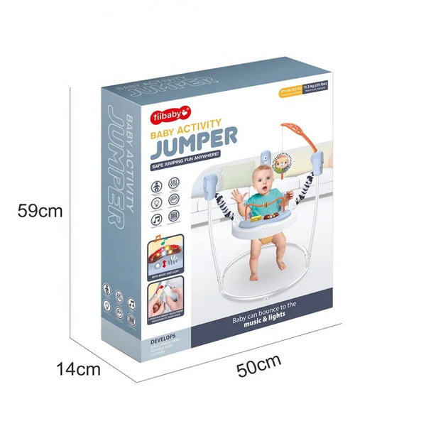 Baby Learning Jumper Activity Center packaging showcasing a cheerful baby engaged in safe play and movement.
