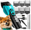 V-208 Rechargeable Professional Pet Hair Clipper and grooming accessories with a small dog.