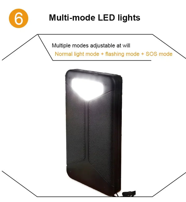 Multifunction Powerbank Folding Solar Panel 5W with adjustable multi-mode LED lights including normal, flashing, and SOS modes.