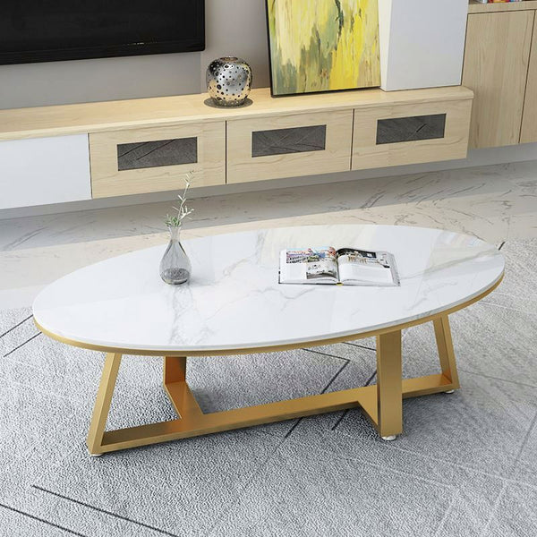 Oval Faux Marble Coffee Table with Gold Metal Base