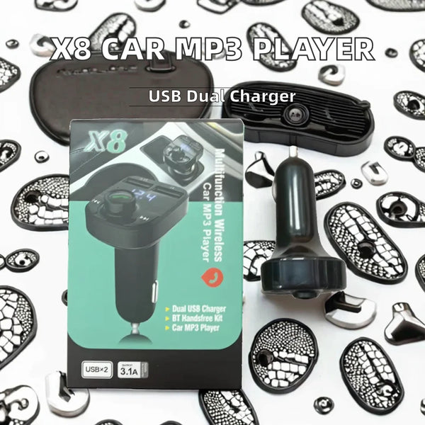 Multifunctional Car FM X8 Bluetooth Transmitter displayed with USB Dual Charger and car MP3 player in background.