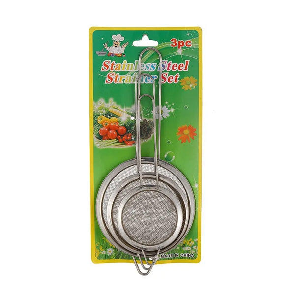 Stainless Steel Mesh Strainer Filter Spoon set displayed on packaging with vibrant vegetables background.