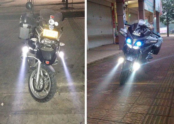 U5 LED Motorcycle Auxiliary Spot Fog Light installed on two motorcycles showcasing improved visibility on dark roads.