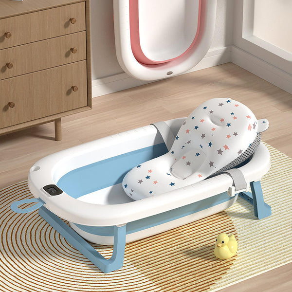 Cute Portable Small Foldable Baby Bath Tub with star-patterned seat in a cozy bathroom.