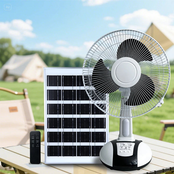 Rechargeable Cooler Battery Portable Fan with solar panel and remote control in outdoor setting.