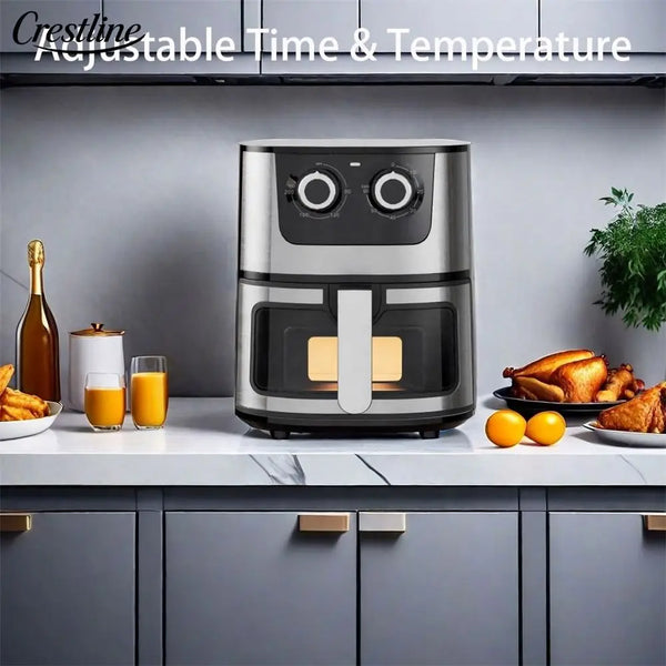 4.5L Stainless Steel Square Oil-Free Air Fryer with adjustable time and temperature settings in a modern kitchen.