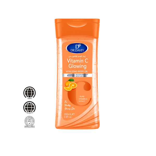 Vitamin C Body Oil Gel in an orange bottle with a vibrant design for clear and radiant skin.