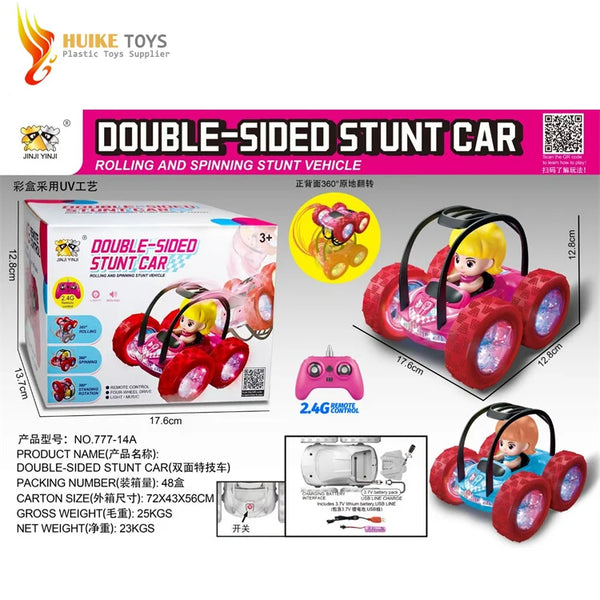 4WD Double-Sided Stunt Climbing RC Car packaging with remote control and character, showcasing off-road features.