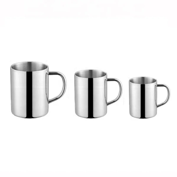 Double Wall Stainless Steel Camping Tumbler Travel Coffee Cups Set displayed in three sizes.