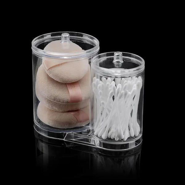 Plastic Forte Saturn Double Sided Multi-Purpose Organizer holding makeup sponges and cotton swabs.
