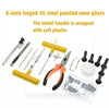 93 Piece Tire Repair Tool Set including 6-inch forged 45 steel pointed nose pliers with soft plastic handle.