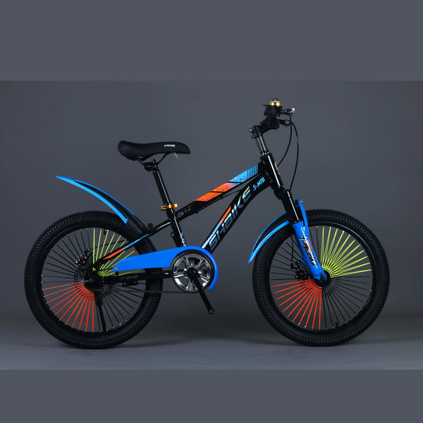 Kids 20-Inch 21-Speed Mountain Bike in blue and black with colorful rims for versatile riding on streets and light off-road.