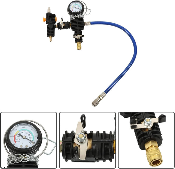 28 Piece Universal Radiator Pressure Tester Kit featuring a pressure gauge and hose for leak detection.