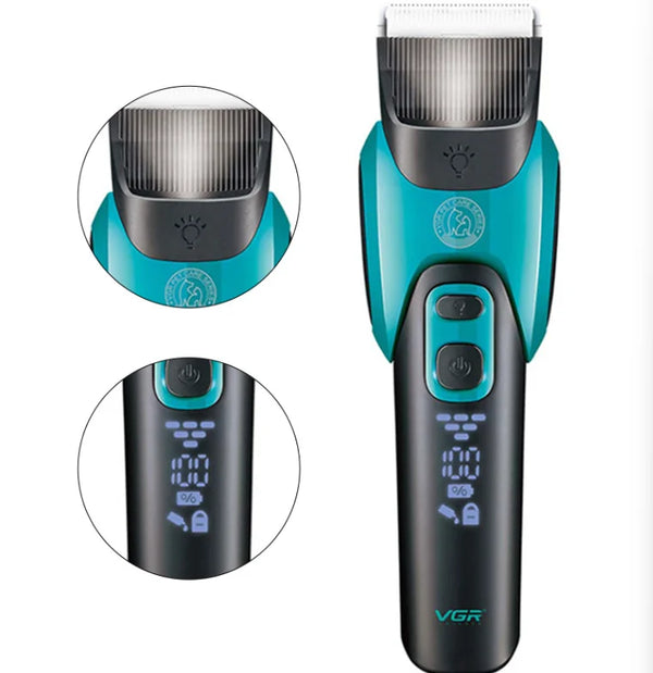 V-208 Rechargeable Professional Pet Hair Clipper showing ergonomic design and LED display features.