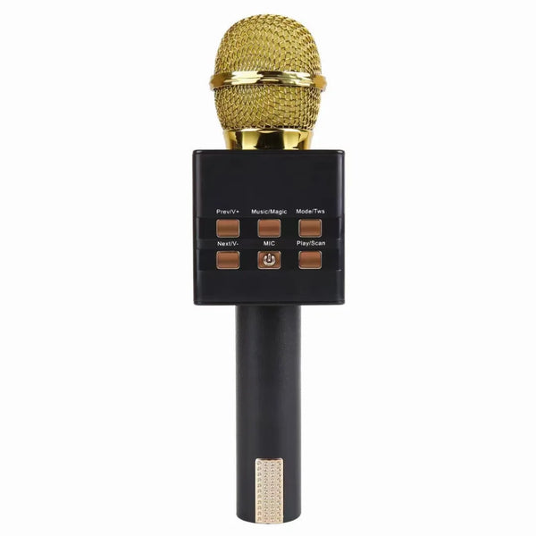 Wireless USB Audio Karaoke Microphone with gold mesh top and control buttons for music playback.