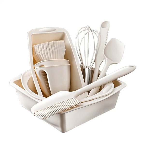 Non-Stick Silicone Kitchen Utensils Set including various cooking tools and accessories in a container.