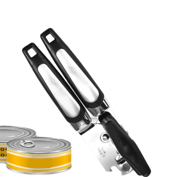 Stainless Steel Manual 3-in-1 Can Opener with ergonomic handles and two yellow cans.