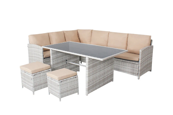 Modern Iron PE Rattan Outdoor Furniture Set featuring a cozy gray sectional and table with cushioned seating.